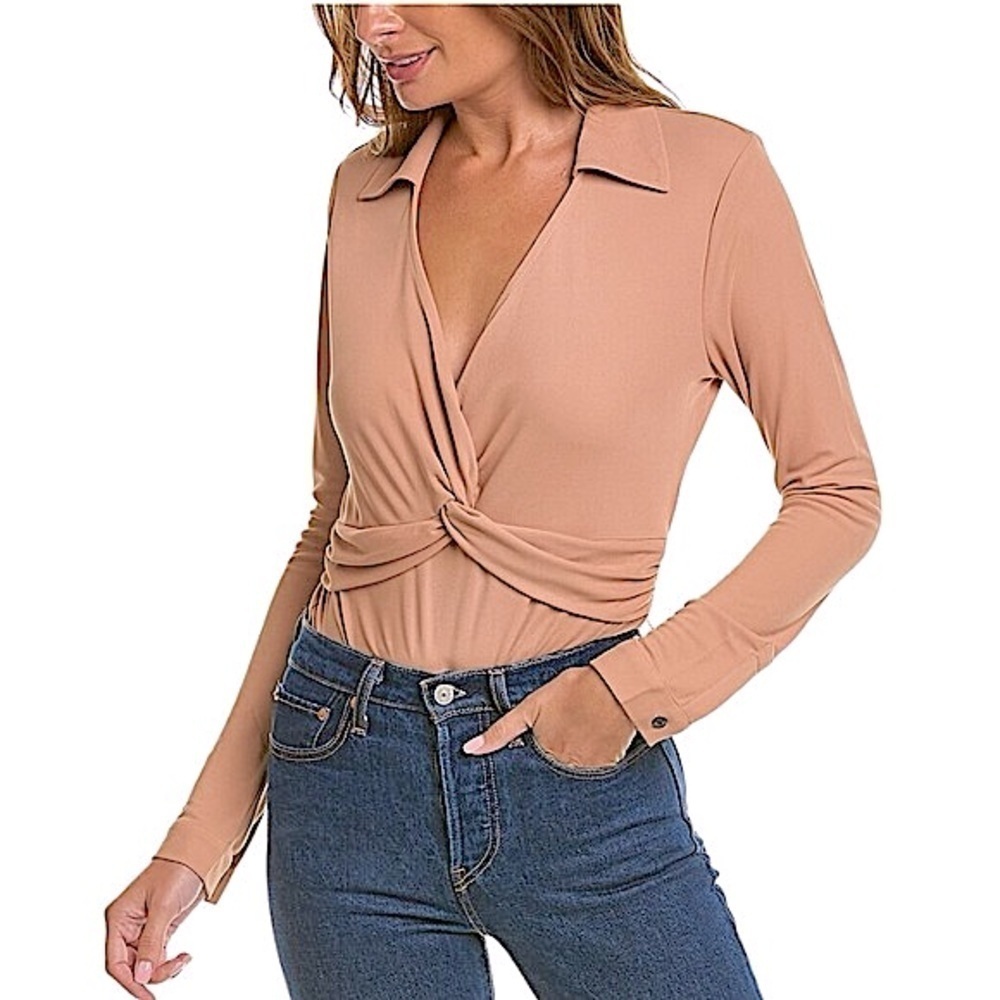 NWT Donna Karan New York Twist Front Plunge LS Crepe Jersey Bodysuit (Rose)$175